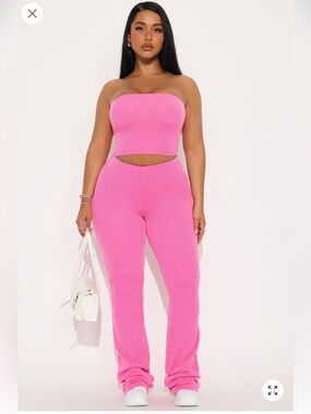 Fashion Nova Ribbed Strapless Crop Top & Wide-Leg Pants Set - Pink